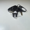 May include: A black and white border collie dog keychain attached to a black car key fob and a black key with a silver key ring.